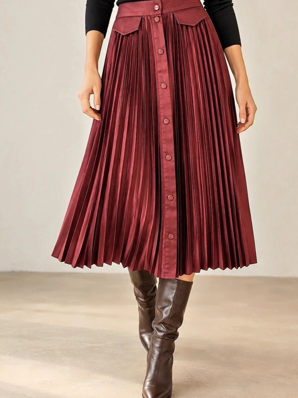 Scotch & Soda Burgundy Pleated satin Midi Skirt Button Front XS